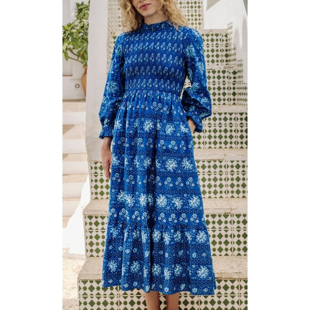 Pink City Prints Tuckernuck Isabel High Neck Smocked Midi Floral Cotton Dress Sm